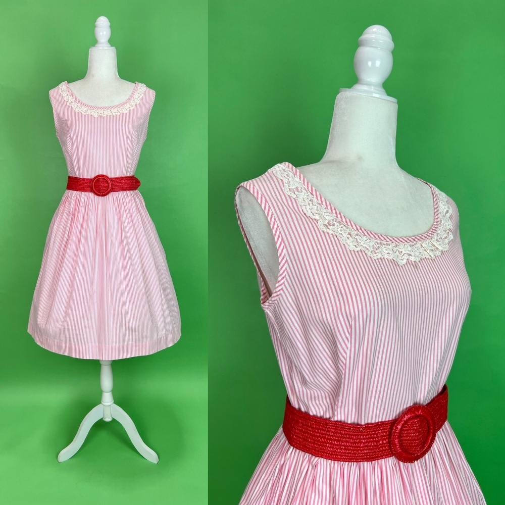 Vintage 50s 60s Pink and White Striped Day Dress - Size S/M